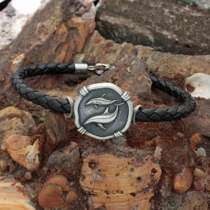 Dolphin Relic Medallion Leather Bracelet - Sterling Silver 